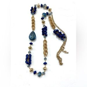 Gold-Tone Necklace with Cobalt Blue Beads and Faceted Teardrop Pendant